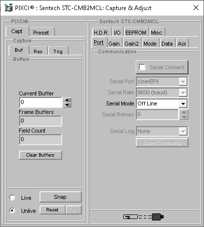 (XCAP Control Panel for the Sentech STC-CMB2MCL(8 Bit Mode))