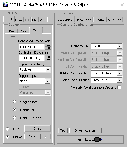 (XCAP Control Panel for the Andor Zyla 5.5 12 bit)