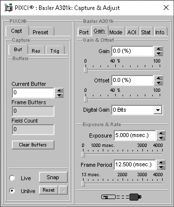 (XCAP Control Panel for the Basler A301k)