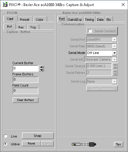 (XCAP Control Panel for the Basler Ace acA2000-340kc(8 Bit Mode))