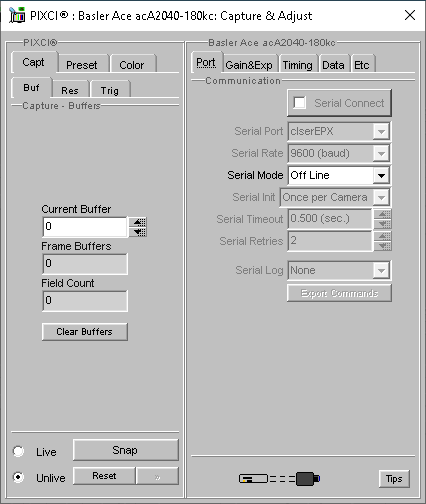 (XCAP Control Panel for the Basler Ace acA2040-180kc(8 Bit Mode))