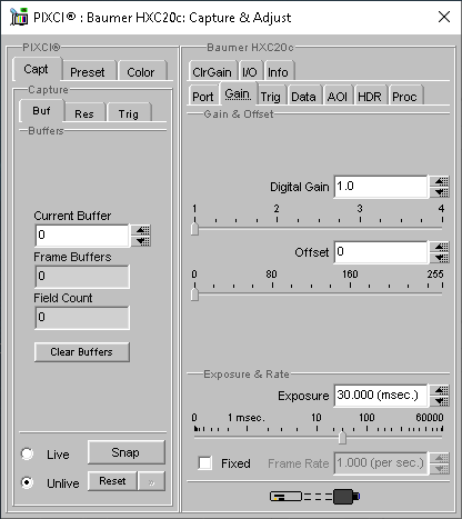 (XCAP Control Panel for the Baumer HXC20c(8 Bit Mode))