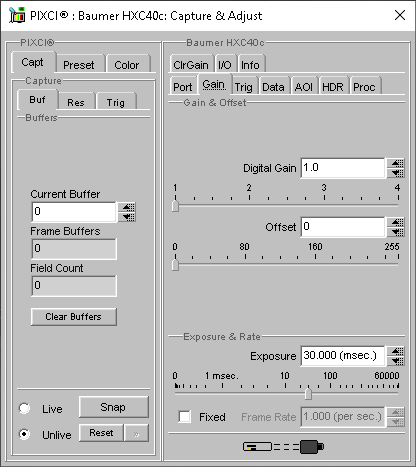 (XCAP Control Panel for the Baumer HXC40c(8 Bit Mode))