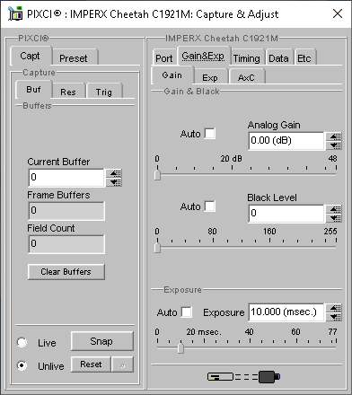 (XCAP Control Panel for the IMPERX Cheetah C1921M)