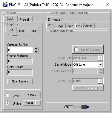(XCAP Control Panel for the JAI (Pulnix) TMC-1000-CL)