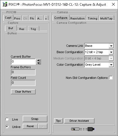 (XCAP Control Panel for the PhotonFocus MV1-D1312-160-CL-12)