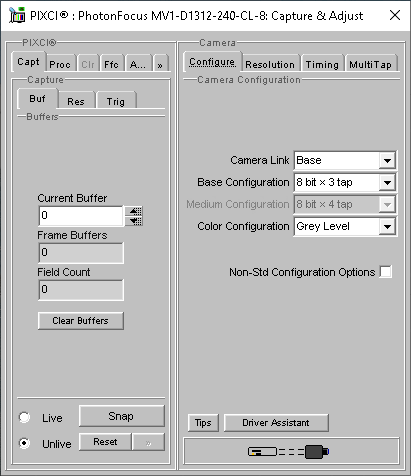 (XCAP Control Panel for the PhotonFocus MV1-D1312-240-CL-8)