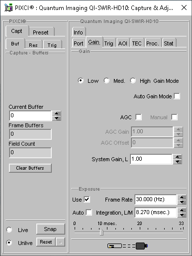 (XCAP Control Panel for the Quantum Imaging QI-SWIR-HD10)
