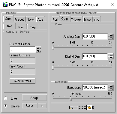 (XCAP Control Panel for the Raptor Photonics Hawk 4096)