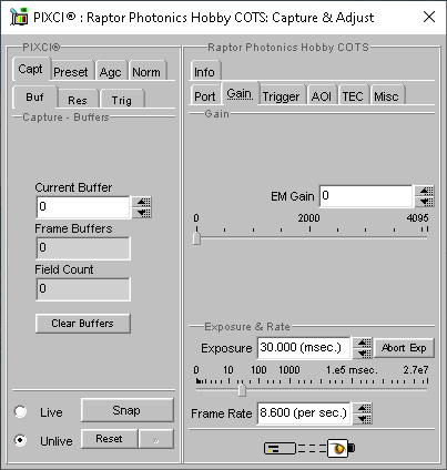 (XCAP Control Panel for the Raptor Photonics Hobby COTS)