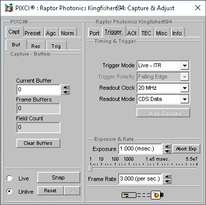 (XCAP Control Panel for the Raptor Photonics Kingfisher694)