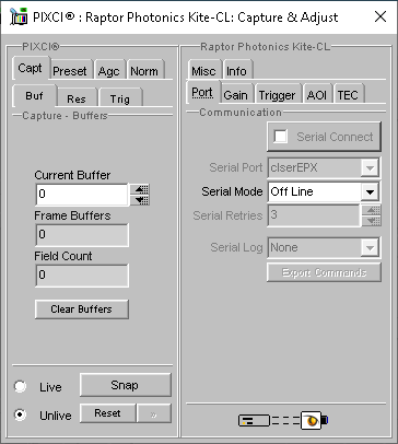 (XCAP Control Panel for the Raptor Photonics Kite-CL)