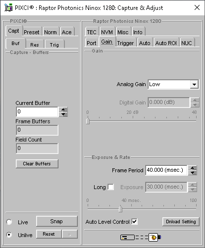 (XCAP Control Panel for the Raptor Photonics Ninox 1280)