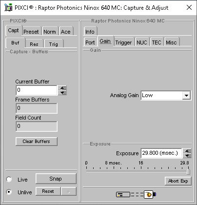 (XCAP Control Panel for the Raptor Photonics Ninox 640 MC)