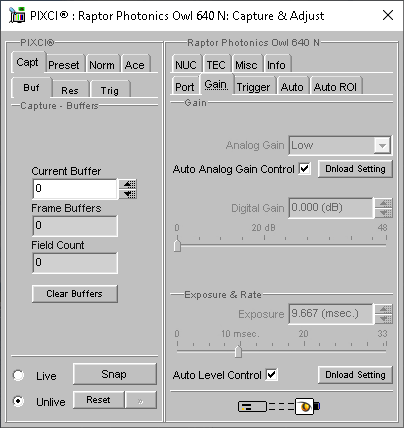 (XCAP Control Panel for the Raptor Photonics Owl 640 N)