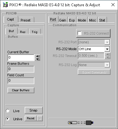 (XCAP Control Panel for the Redlake MASD ES-4.0 12 bit)