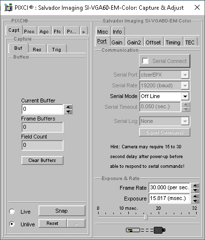 (XCAP Control Panel for the Salvador Imaging SI-VGA60-EM-Color)