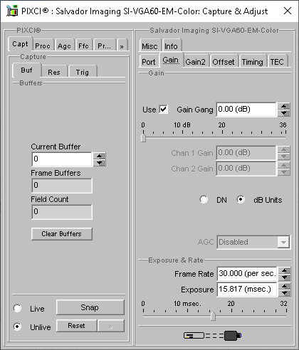 (XCAP Control Panel for the Salvador Imaging SI-VGA60-EM-Color)