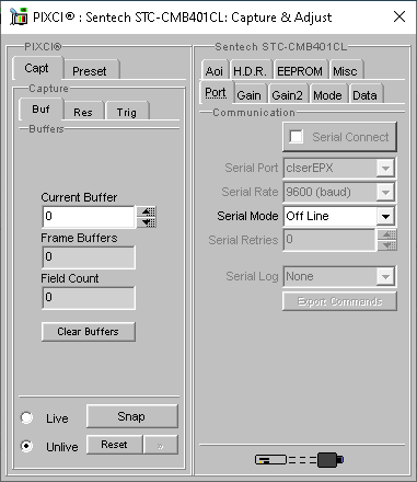 (XCAP Control Panel for the Sentech STC-CMB401CL(8 Bit Mode))