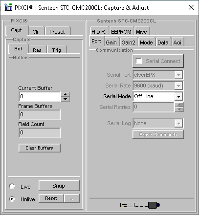 (XCAP Control Panel for the Sentech STC-CMC200CL(8 Bit Mode))