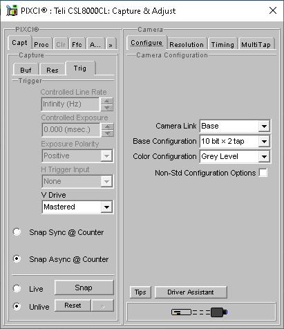 (XCAP Control Panel for the Teli CSL8000CL (Mono Mode))