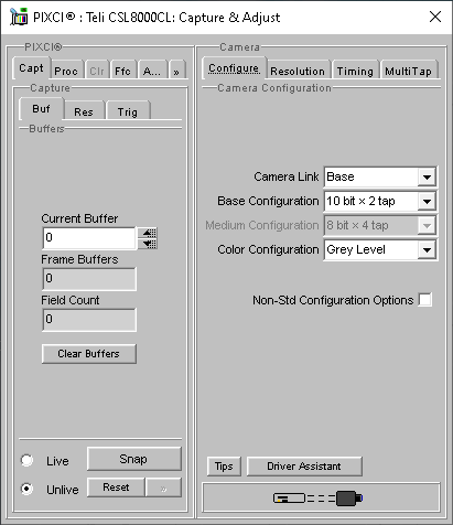 (XCAP Control Panel for the Teli CSL8000CL (Mono Mode))