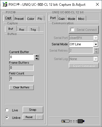 (XCAP Control Panel for the UNIQ UC-900-CL 12 bit)